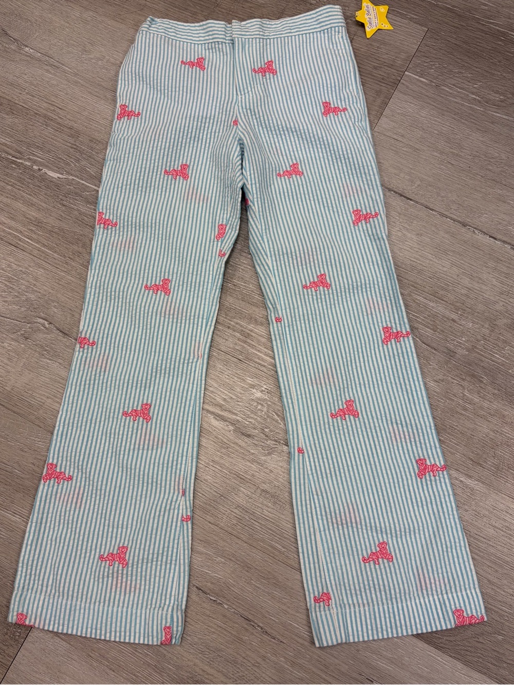 Lilly Pulitzer Blue and White Striped Pants with Pink Embroidered Tigers